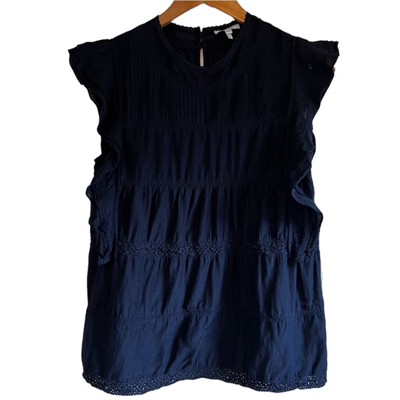 Reiss silk blend navy embroidered ruffle lightweight blouse. - Picture 5 of 16